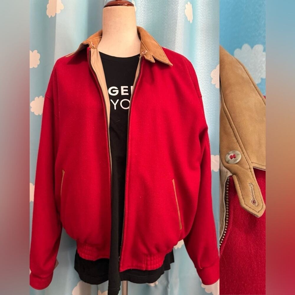 Men's Red Bomber Jacket with Tan Collar
